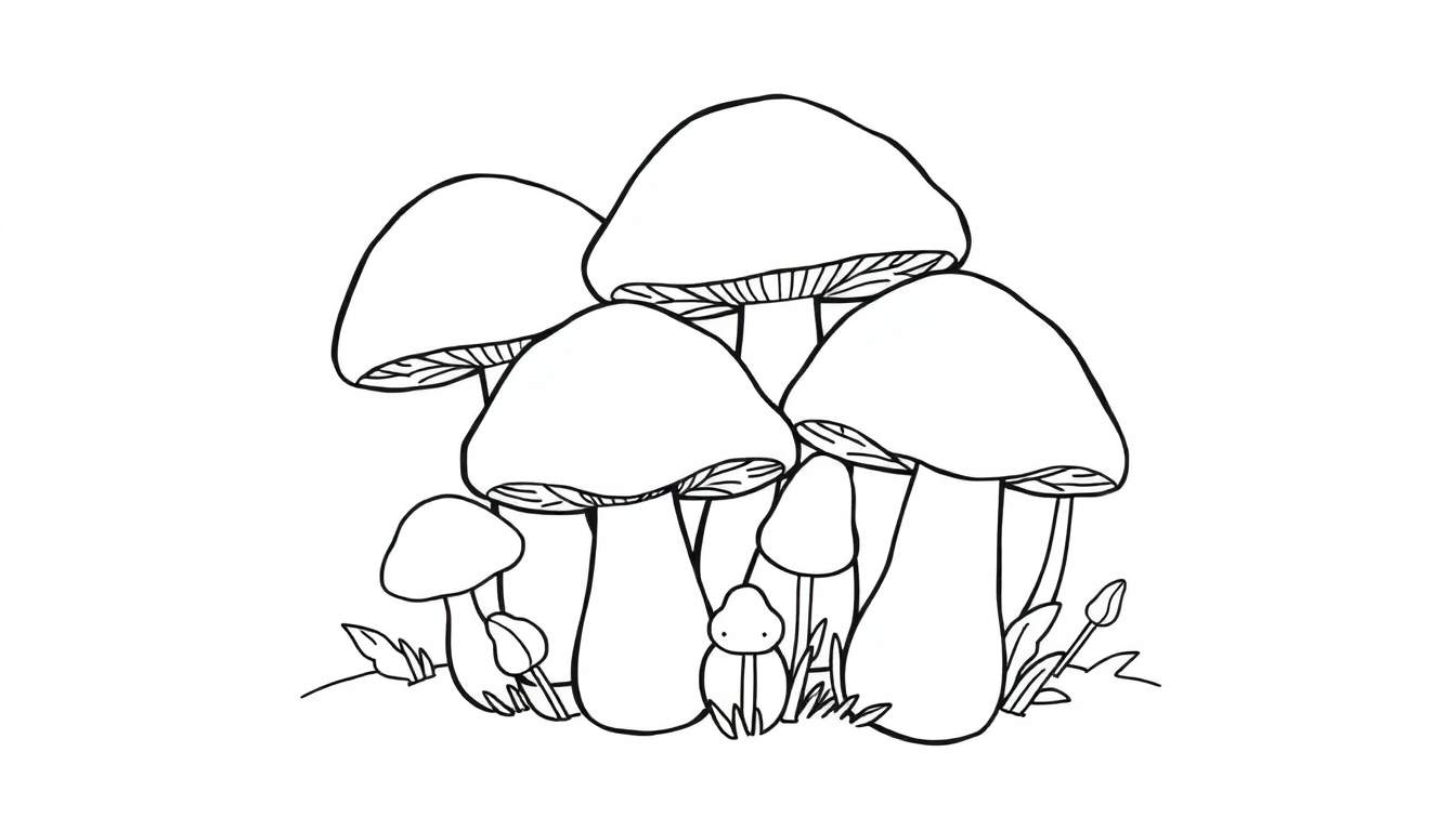 Una página para colorear de un grupo de adorables setas con un pequeño escarabajo amigable.