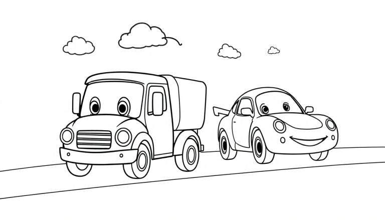 Placa de color para colorear: camión amistoso y coche divertido en la carretera.