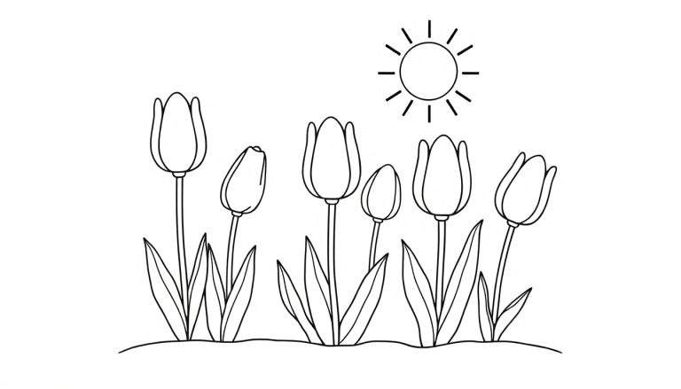 Página para colorear en blanco y negro de tiernos tulipanes y un sol brillante.