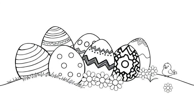 Página para colorear: Huevos de Pascua divertidos con patrones alegres, un pollito y flores.