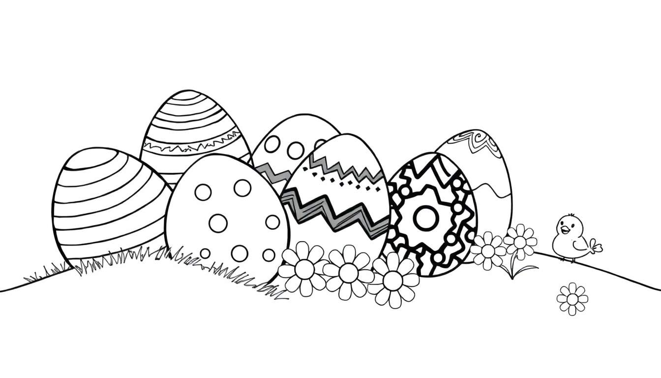 Página para colorear: Huevos de Pascua divertidos con patrones alegres, un pollito y flores.