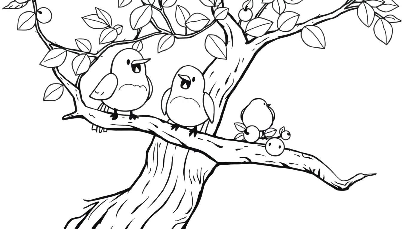 Placa de color de un árbol con pájaros cantando