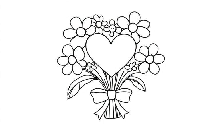 Un dibujo lineal en blanco y negro de un ramo de flores rodeando un corazón grande, con un lazo en la parte inferior. Una placa de color representa este diseño.