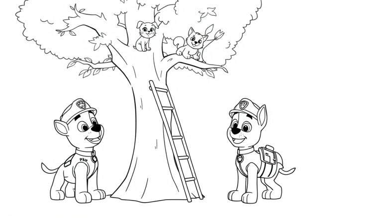 Cachorros de Paw Patrol con placa de color, uno de policía y otro con mochila, listos para rescatar gatitos en un árbol con una escalera.