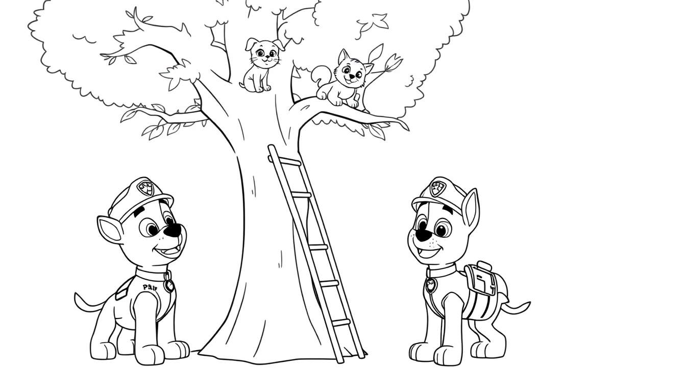 Cachorros de Paw Patrol con placa de color, uno de policía y otro con mochila, listos para rescatar gatitos en un árbol con una escalera.