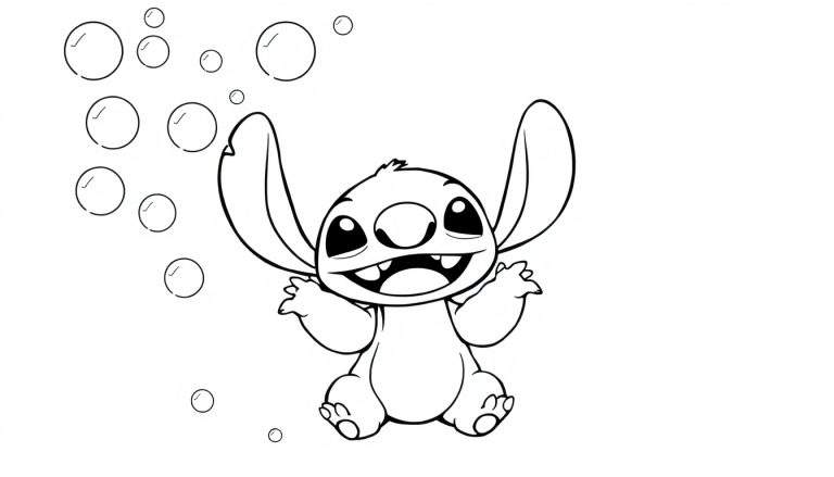 Stitch con una placa de color flotando en el aire, listo para ser coloreado.