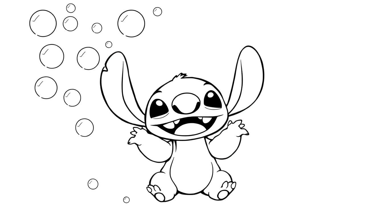 Stitch con una placa de color flotando en el aire, listo para ser coloreado.