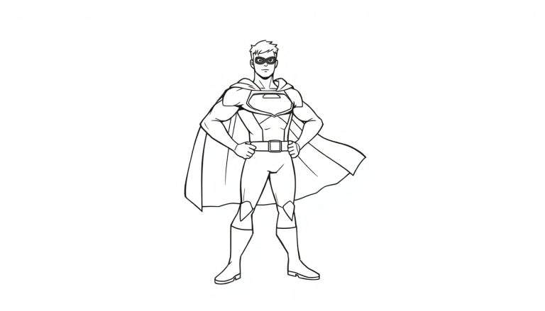 Ilustración lineal en blanco y negro de un superhéroe con capa, listo para la acción. Página para colorear.