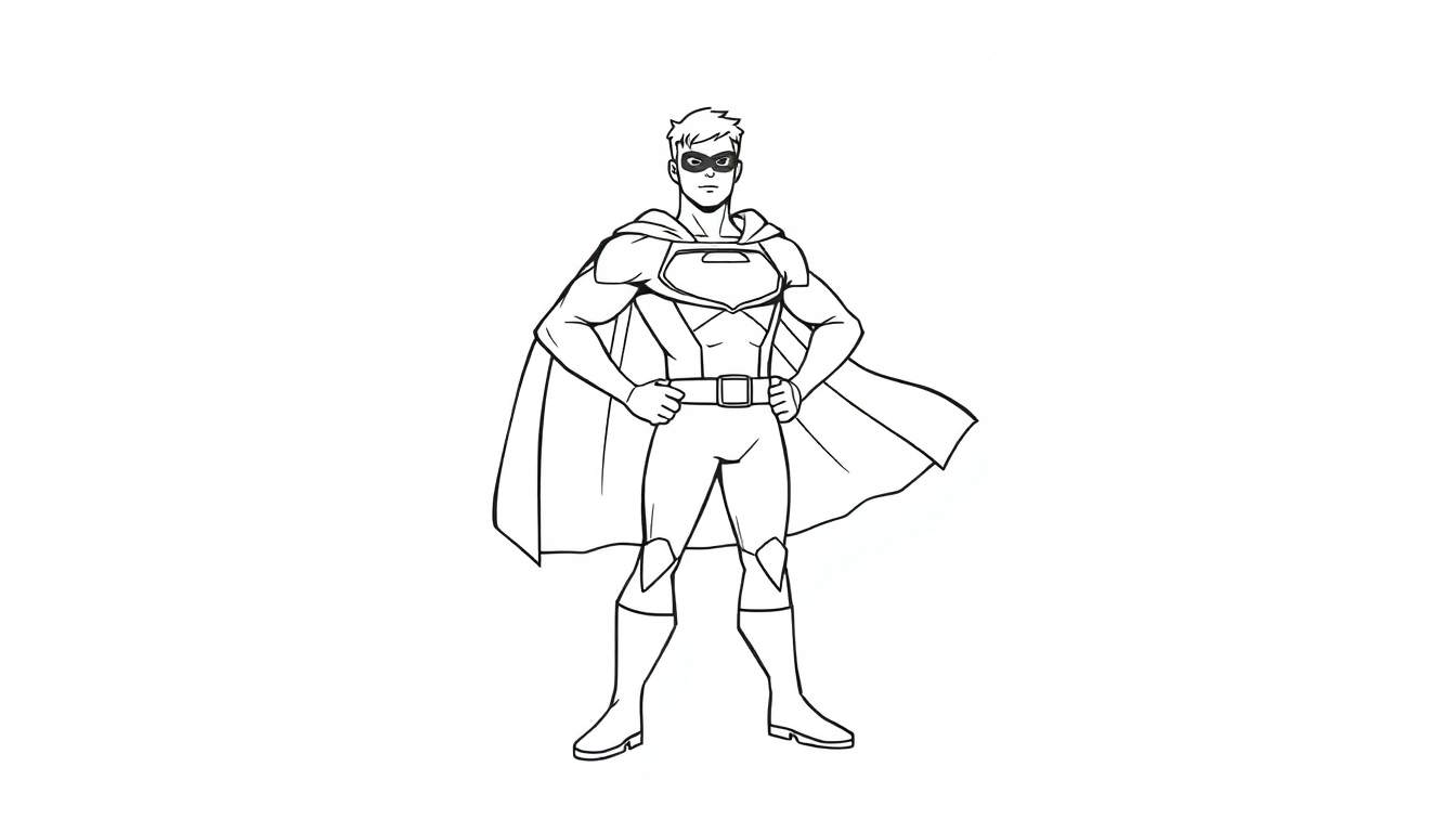 Ilustración lineal en blanco y negro de un superhéroe con capa, listo para la acción. Página para colorear.