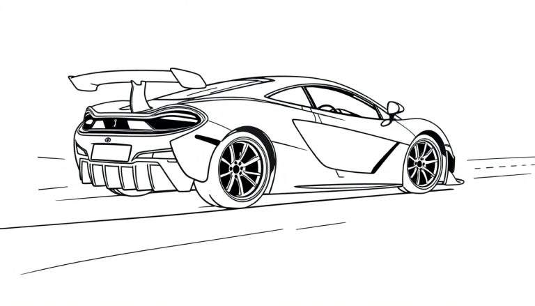 Un coche deportivo McLaren en blanco y negro para colorear, listo para la placa de color.