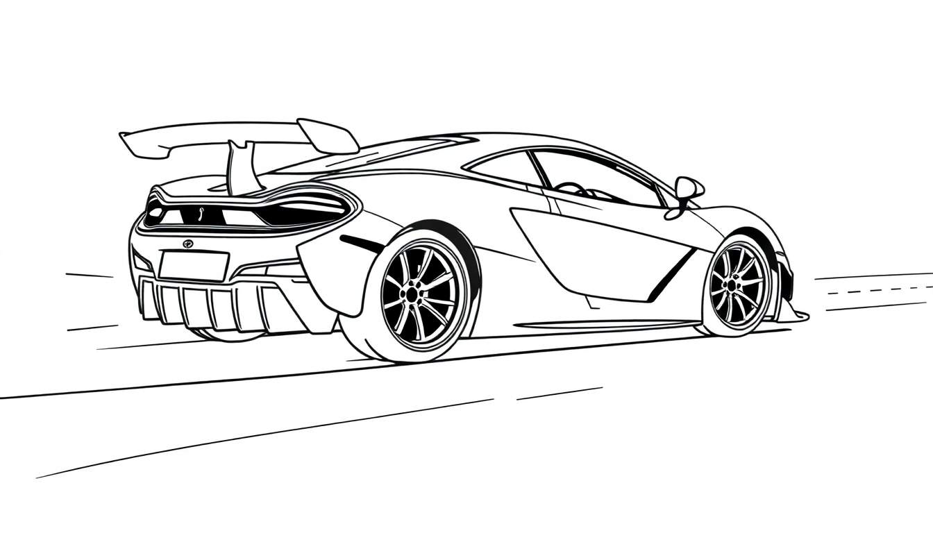 Un coche deportivo McLaren en blanco y negro para colorear, listo para la placa de color.