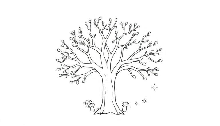 Un dibujo lineal en blanco y negro de un árbol con hongos y estrellas, listo para ser coloreado, como una placa de color mágica.