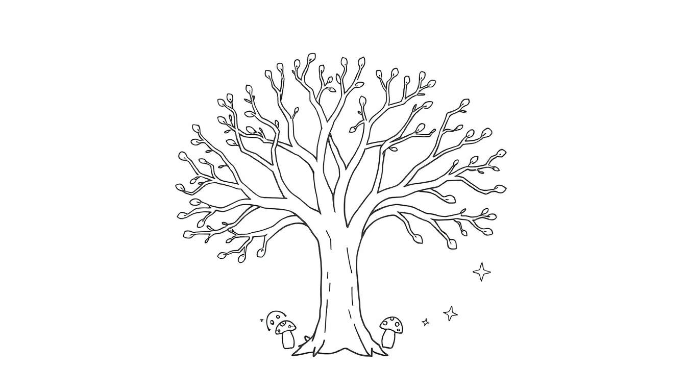 Un dibujo lineal en blanco y negro de un árbol con hongos y estrellas, listo para ser coloreado, como una placa de color mágica.