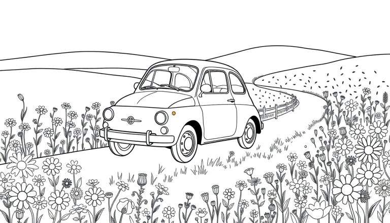 Un pequeño coche clásico estilo Fiat 500 de color blanco y negro, listo para que le añadas color con tu placa de color, recorriendo un camino rodeado de alegres flores silvestres y suaves colinas.