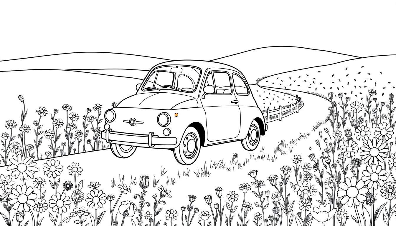 Un pequeño coche clásico estilo Fiat 500 de color blanco y negro, listo para que le añadas color con tu placa de color, recorriendo un camino rodeado de alegres flores silvestres y suaves colinas.