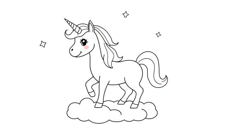 Placa de color de un lindo unicornio en una nube con estrellas.