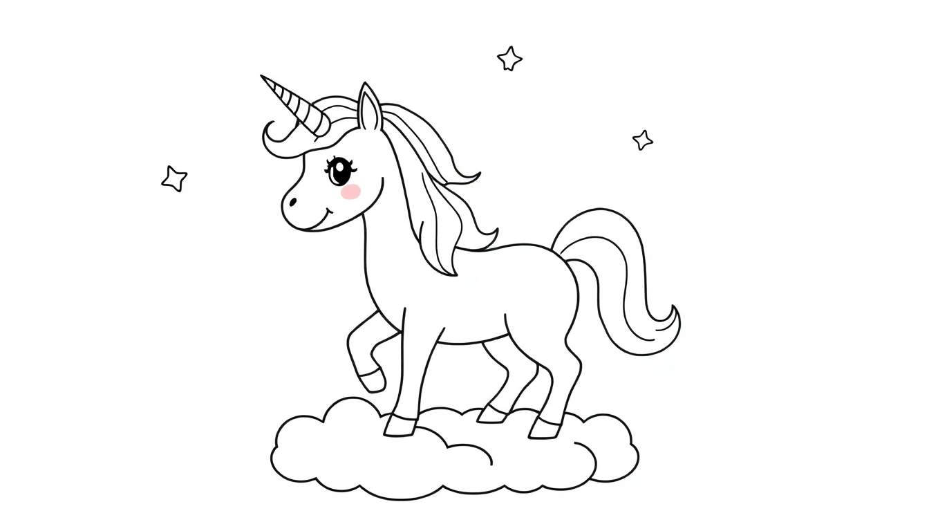 Placa de color de un lindo unicornio en una nube con estrellas.