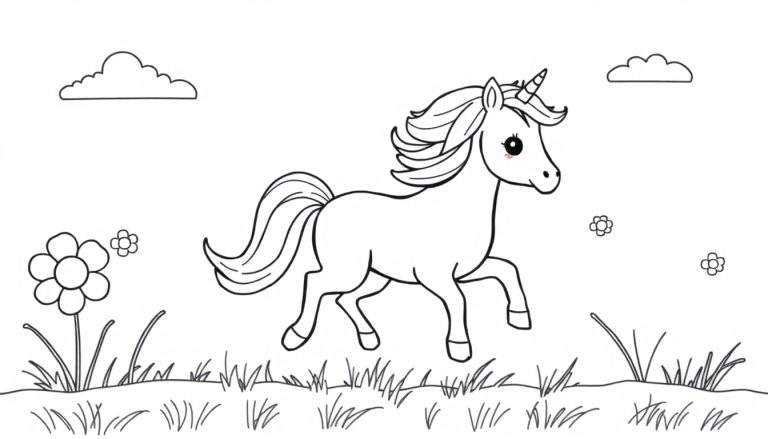 Unicornio blanco para colorear, con cuerno en espiral, en un prado con flores, listo para la placa de color.