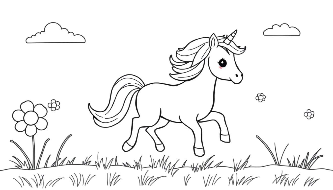 Unicornio blanco para colorear, con cuerno en espiral, en un prado con flores, listo para la placa de color.