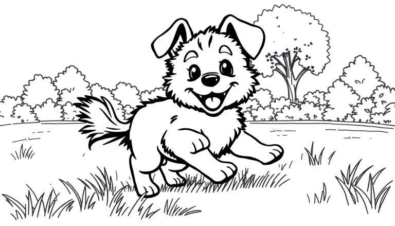 Ilustración en blanco y negro para colorear de un cachorro de perro sonriente corriendo en un campo con hierba, arbustos y un árbol al fondo.