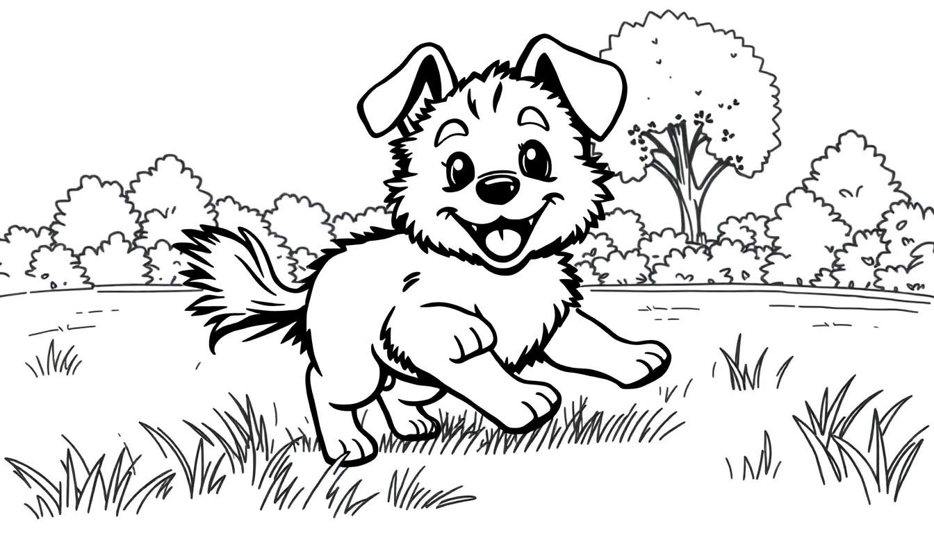 Ilustración en blanco y negro para colorear de un cachorro de perro sonriente corriendo en un campo con hierba, arbustos y un árbol al fondo.