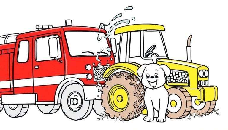 Ilustración para colorear de un camión de bomberos rojo lanzando agua hacia un tractor amarillo, mientras un perro blanco sonriente se sienta al frente.