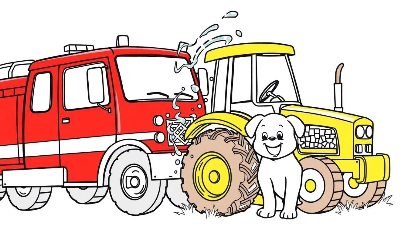Ilustración para colorear de un camión de bomberos rojo lanzando agua hacia un tractor amarillo, mientras un perro blanco sonriente se sienta al frente.