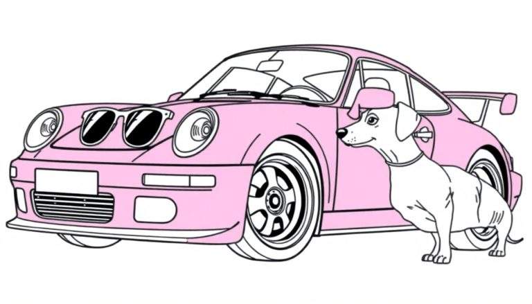 Ilustración en blanco y negro para colorear de un coche deportivo rosa estilo clásico con gafas de sol en el capó y un perro salchicha blanco a su lado, sobre fondo blanco.
