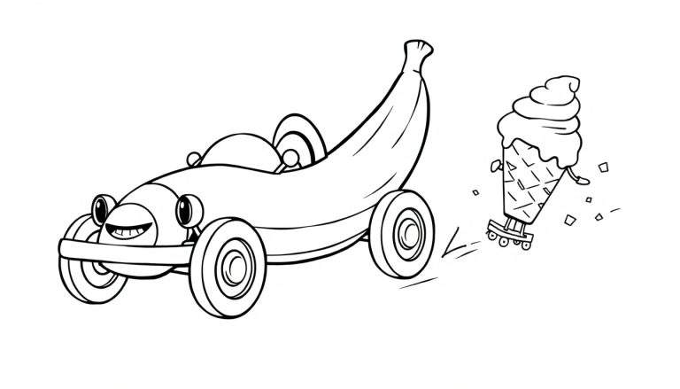 Página para colorear de un coche de plátano con cara sonriente y un cono de helado sobre patines con gotas de helado cayendo.