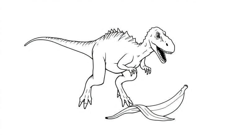 Ilustración en blanco y negro de un dinosaurio cómico a punto de resbalar con una cáscara de plátano a sus pies.