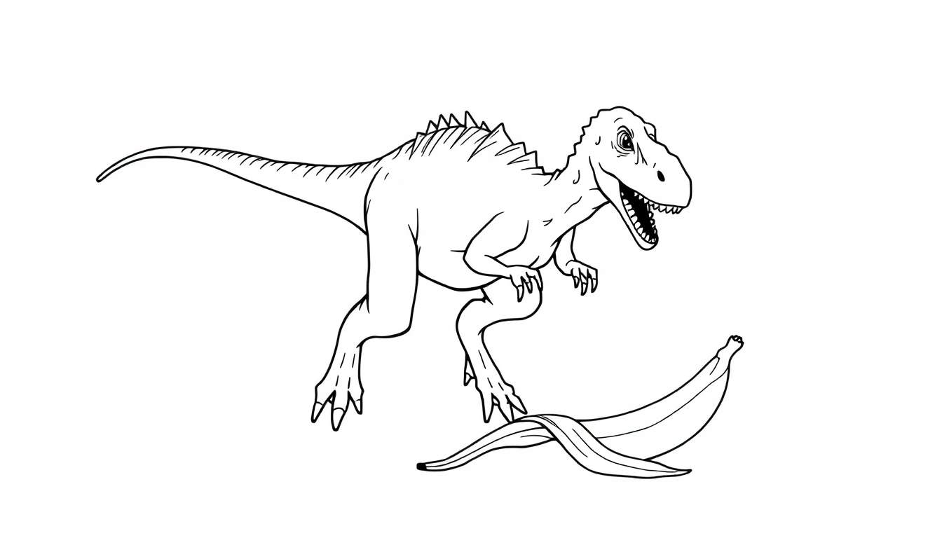 Ilustración en blanco y negro de un dinosaurio cómico a punto de resbalar con una cáscara de plátano a sus pies.