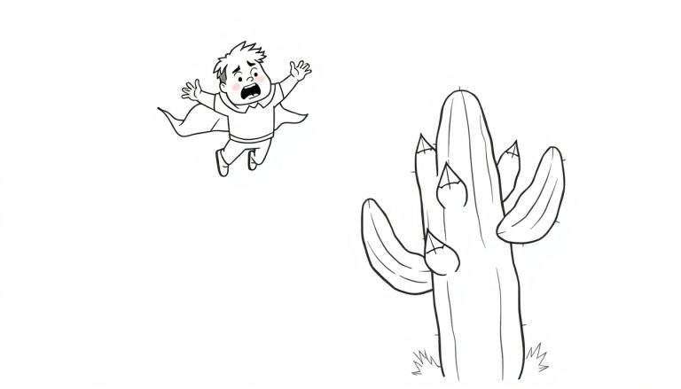 Dibujo para colorear de un niño de caricatura cayendo en pánico desde el aire hacia un gran cactus espinoso.