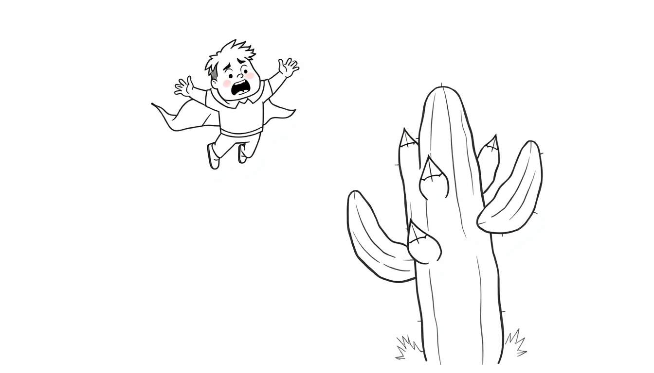 Dibujo para colorear de un niño de caricatura cayendo en pánico desde el aire hacia un gran cactus espinoso.