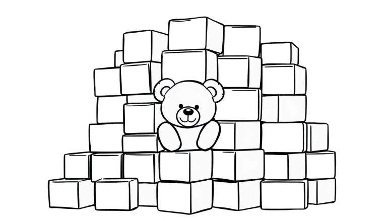 Ilustración para colorear de un oso de peluche sonriente rodeado de cajas apiladas.