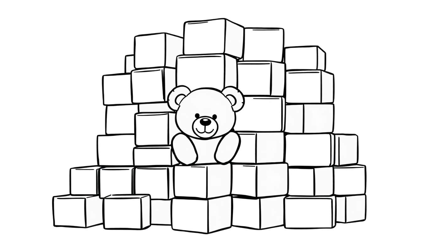 Ilustración para colorear de un oso de peluche sonriente rodeado de cajas apiladas.
