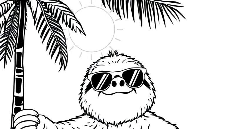 Dibujo en blanco y negro de un perezoso sonriente con gafas de sol colgado de una palmera en un día soleado.