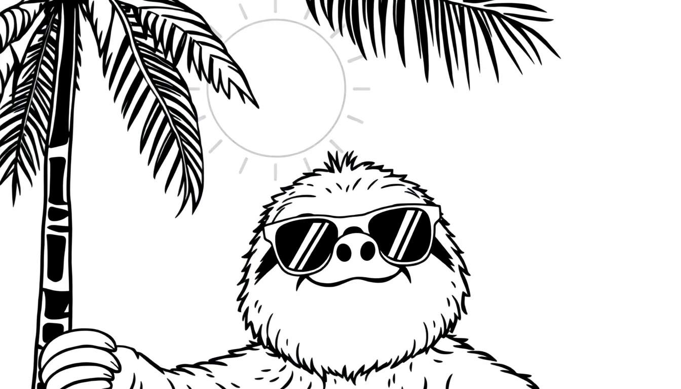 Dibujo en blanco y negro de un perezoso sonriente con gafas de sol colgado de una palmera en un día soleado.