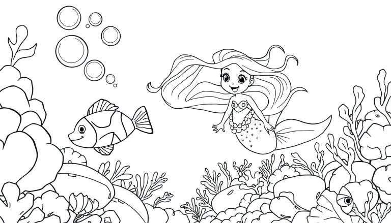 Dibujo lineal para colorear de una sirena sonriente con pelo largo y ondulado, un top de conchas marinas y una cola adornada, nadando junto a un pez payaso amistoso entre corales, rocas y burbujas en el fondo del océano.