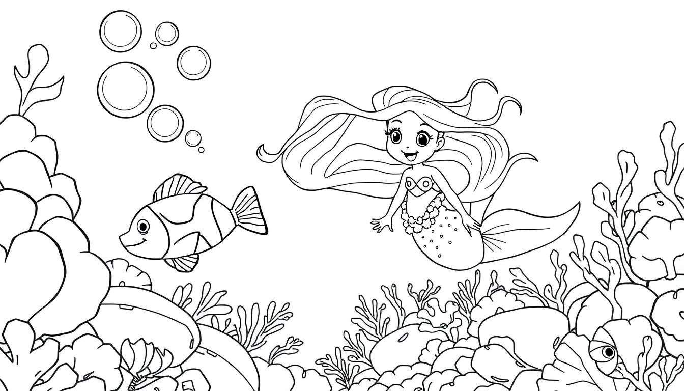 Dibujo lineal para colorear de una sirena sonriente con pelo largo y ondulado, un top de conchas marinas y una cola adornada, nadando junto a un pez payaso amistoso entre corales, rocas y burbujas en el fondo del océano.