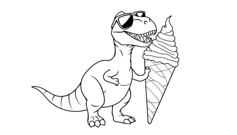Dibujo lineal en blanco y negro de un Tiranosaurio Rex caricaturizado con gafas de sol y un helado de 'soft serve' gigante en su mano.