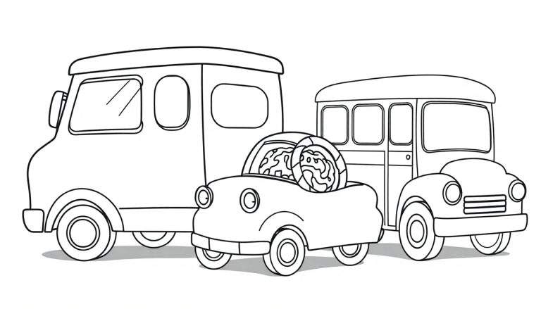 Dibujo lineal en blanco y negro para colorear de una camioneta, un cochecito y un autobús, con detalles como galletas decoradas en el cochecito.