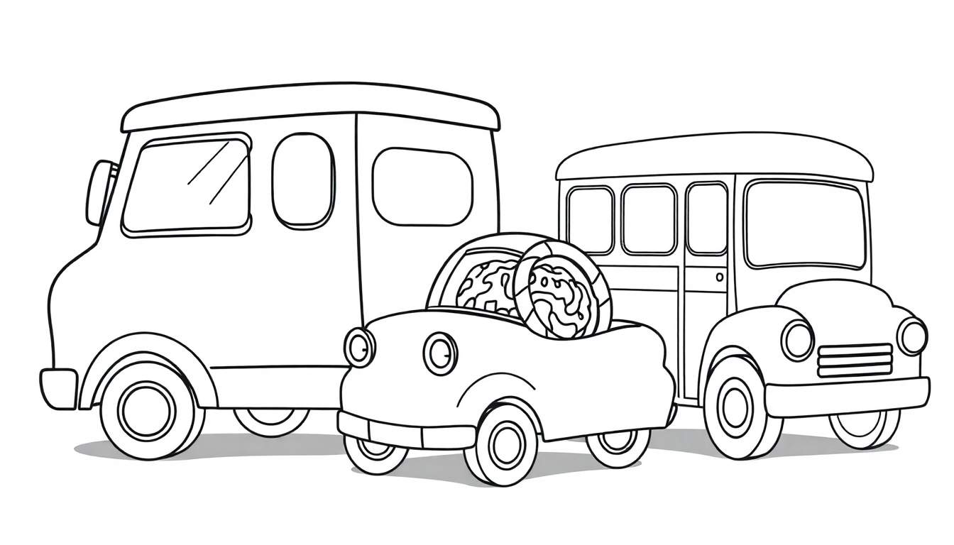 Dibujo lineal en blanco y negro para colorear de una camioneta, un cochecito y un autobús, con detalles como galletas decoradas en el cochecito.
