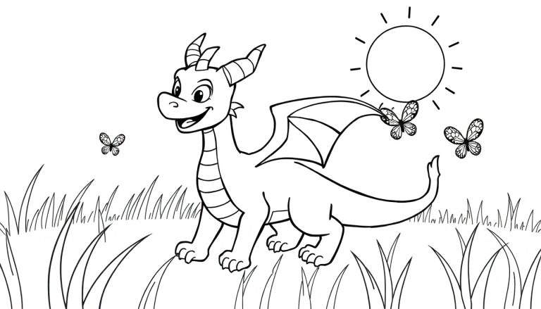 Ilustración para colorear de un dragón amistoso de pie en un campo de hierba alta, con mariposas volando y un sol en el cielo.