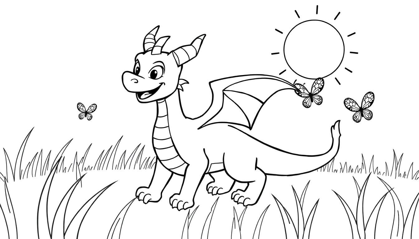 Ilustración para colorear de un dragón amistoso de pie en un campo de hierba alta, con mariposas volando y un sol en el cielo.