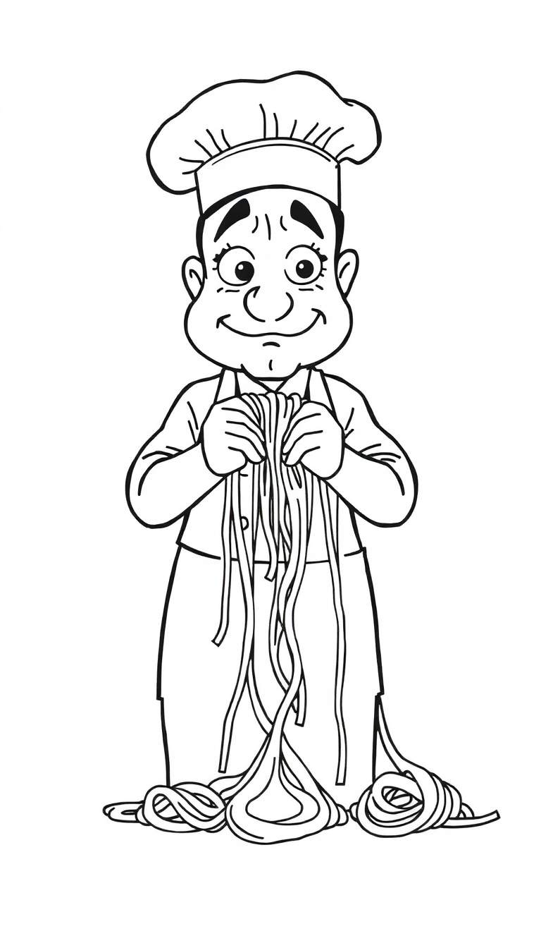 Dibujo en blanco y negro para colorear de un chef regordete y sonriente con un gorro de chef y delantal, sosteniendo un gran manojo de espaguetis que caen al suelo, con espaguetis esparcidos alrededor de sus pies.