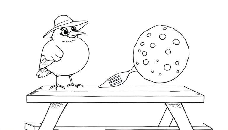 Dibujo lineal para colorear de un pájaro con sombrero de ala ancha, sentado en una mesa de pícnic, mirando una galleta gigante con un tenedor clavado.
