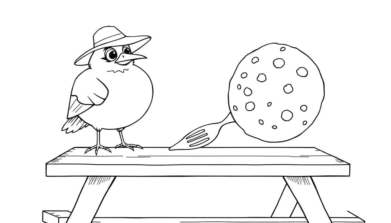 Dibujo lineal para colorear de un pájaro con sombrero de ala ancha, sentado en una mesa de pícnic, mirando una galleta gigante con un tenedor clavado.
