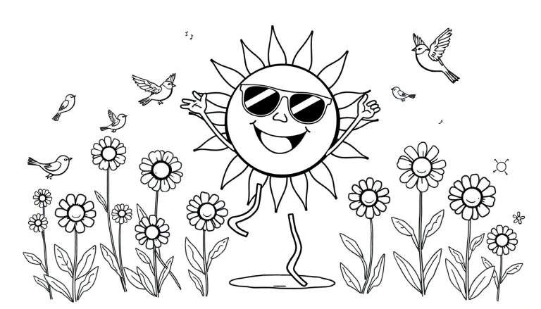 Dibujo para colorear de un sol feliz con gafas de sol saludando, un campo de flores sonrientes y pájaros volando con notas musicales.