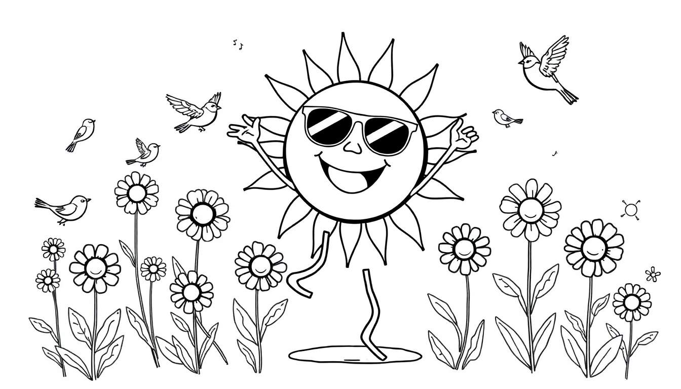 Dibujo para colorear de un sol feliz con gafas de sol saludando, un campo de flores sonrientes y pájaros volando con notas musicales.