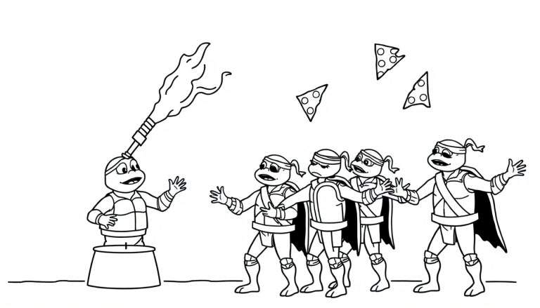 Página para colorear de las Tortugas Ninja. Miguel Ángel lanza pizza desde un barril mientras las otras tortugas intentan atraparla.
